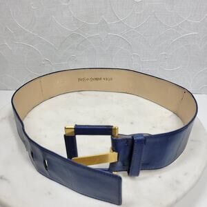 Yves Saint Laurent 4930 Wide Leather Belt Blue Rectangle Brass Buckle Art Deco